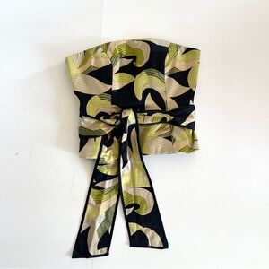 Kay Unger Silk Corset Strapless Green Patter Print Belted Top